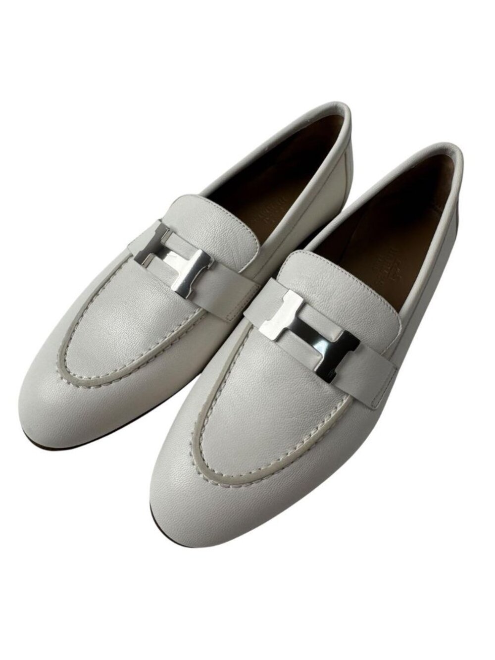 Hermes Moccasins Paris Loafers White Silver